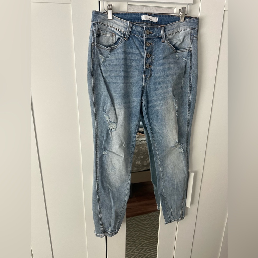 KanCan Skinny Jeans in Light Blue Wash Distressed High Waist Button Fly